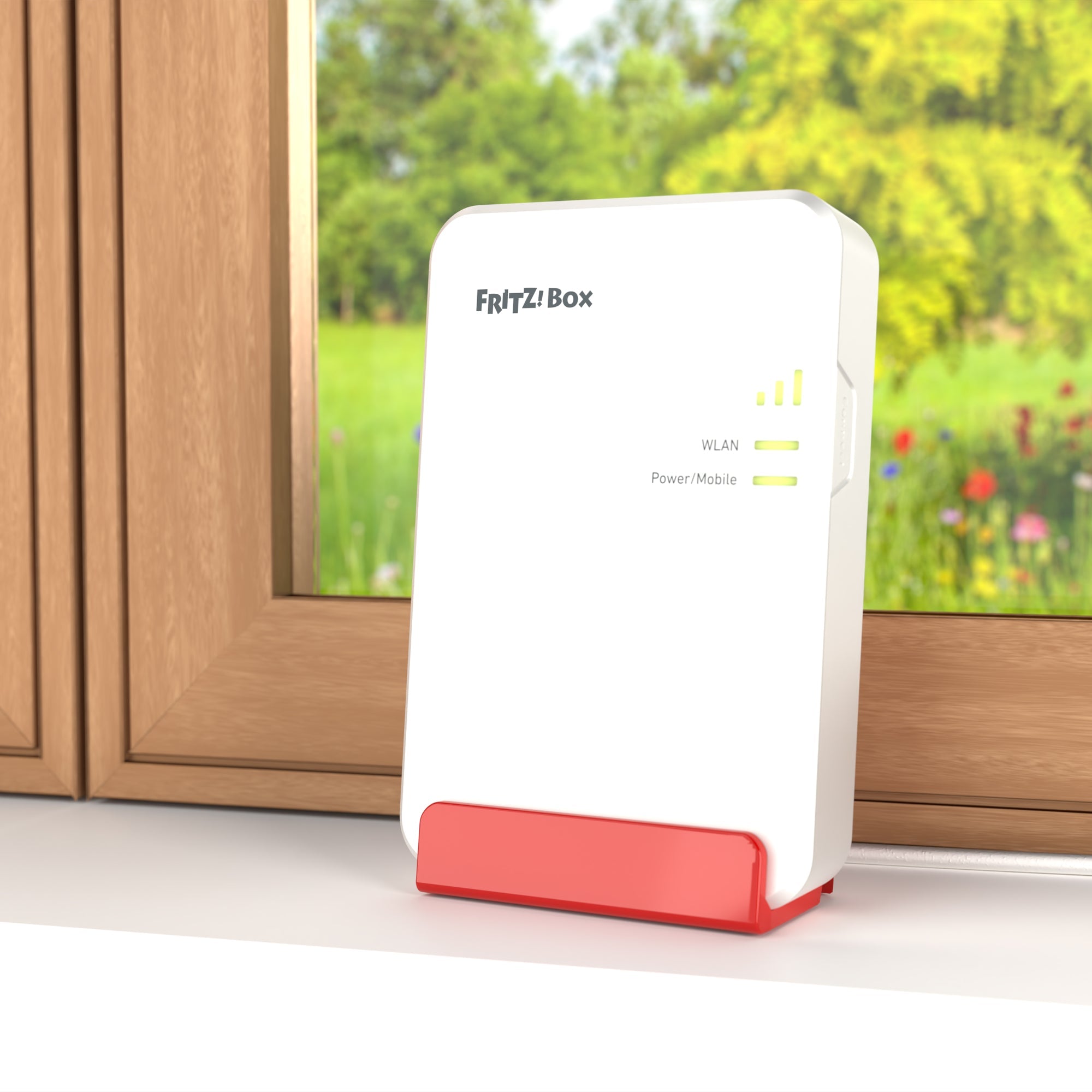 FRITZ!Box 6860 5G Router auf Fensterbank, für High-Speed-Internet und WLAN, ideal für Mobilfunkempfang.