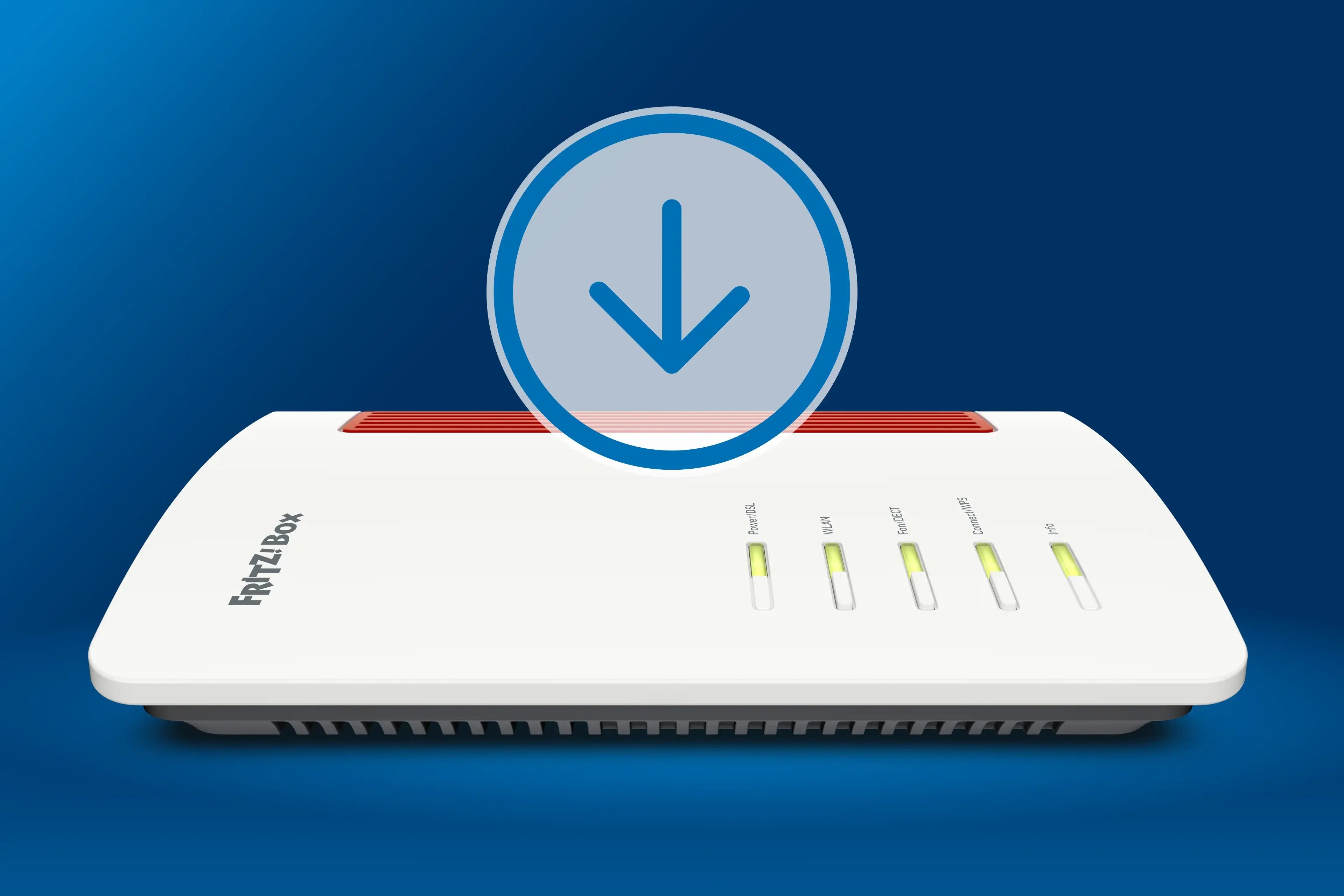 Fritz!Box Router mit Download-Symbol auf blauem Hintergrund und Statusleuchten.