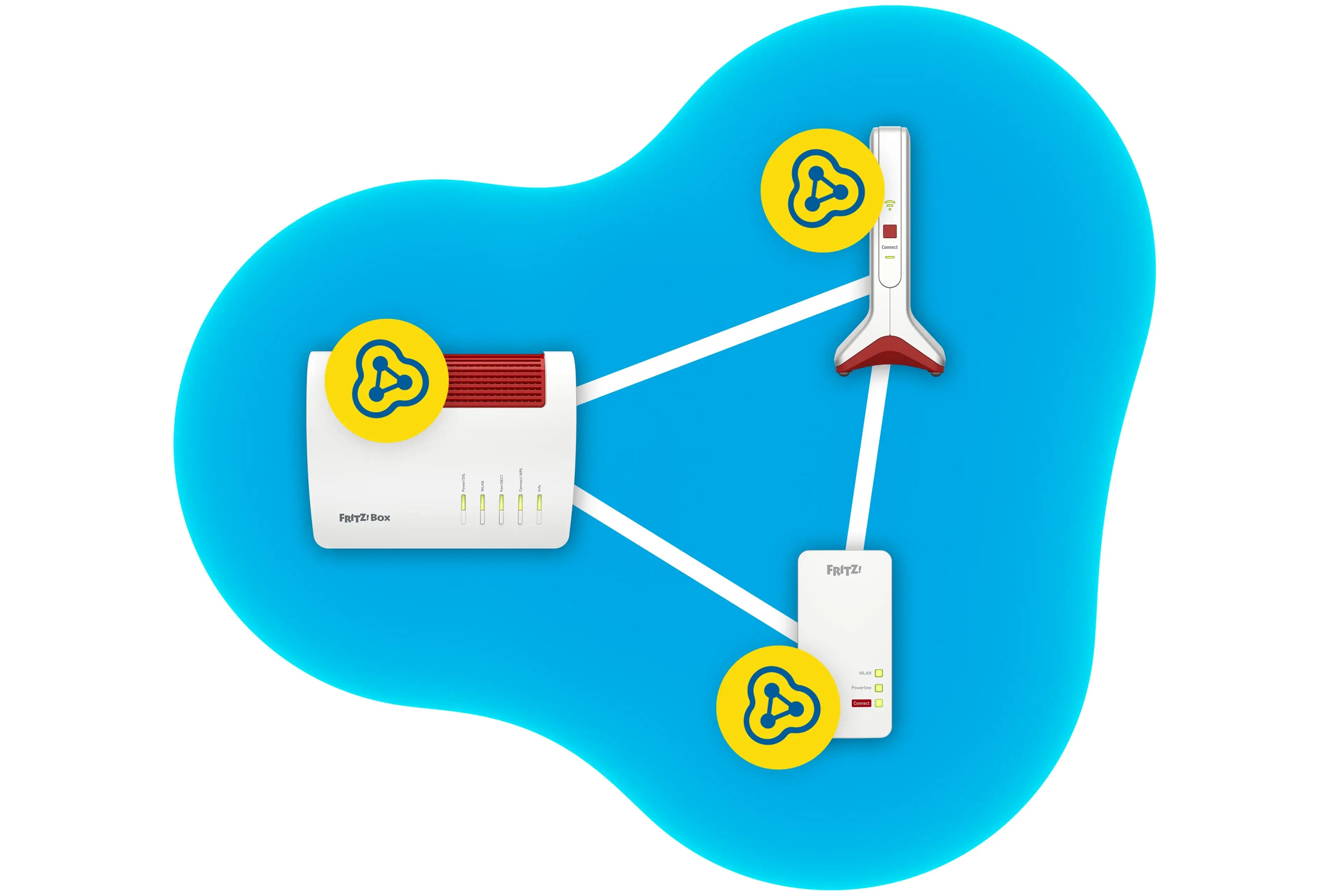 Illustration eines Netzwerks mit Routern und Verbindungen auf blauem Hintergrund für technische Zwecke.
