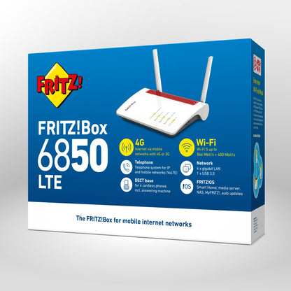 Verpackung von FRITZ!Box 6850 LTE auf grauem Hintergrund