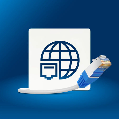 Netzwerkkabel mit Stecker und globusartigem Symbol für Internetverbindung auf blauem Hintergrund.