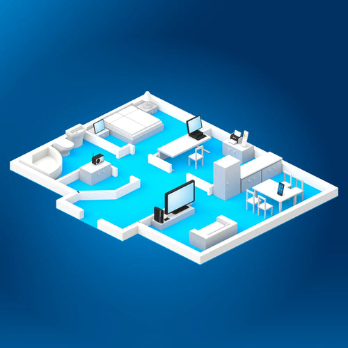 3D-Modell eines modernen Wohnraums mit Möbeln, Computer und farbigem Hintergrund.