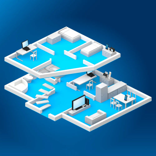 Moderne 3D-Illustration eines Wohnraums mit verschiedenen Möbeln und Geräten.