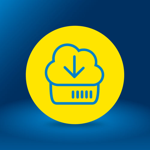 Icon eines Wolken-Symbols mit Download-Pfeil, auf gelbem Hintergrund, für Datei-Downloads.
